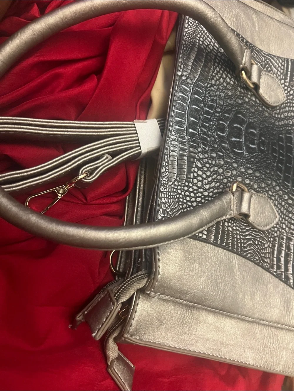 Prada Metallic Black Croc-Embossed Satchel with Gold Medallion
